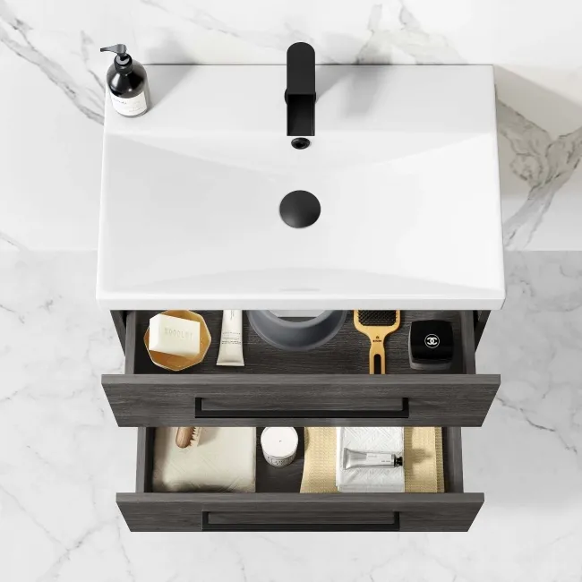 Elba Charcoal Elm Wall Hung Basin Drawer Vanity 600mm with Matt Black Stand