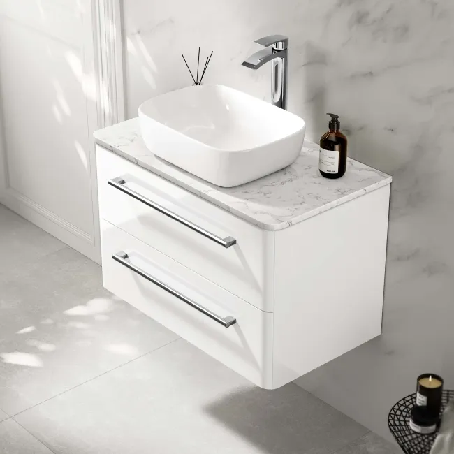 Omaha Gloss White Wall Hung Drawer Vanity with Marble Top & Curved Counter Top Basin 800mm