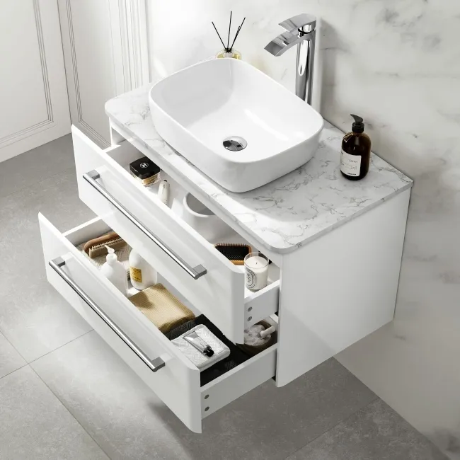 Omaha Gloss White Wall Hung Drawer Vanity with Marble Top & Curved Counter Top Basin 800mm