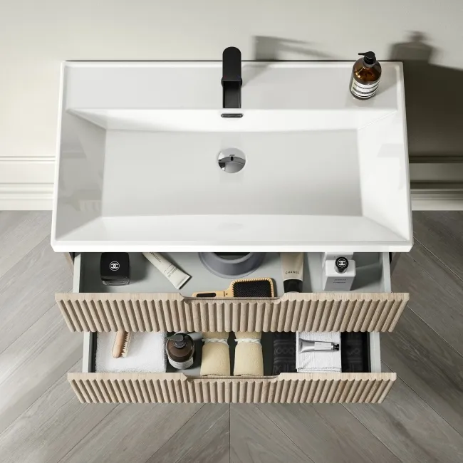 Crete Fluted Apex Oak Wall Hung Basin Drawer Vanity 800mm