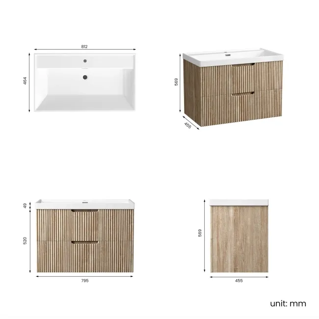 Crete Fluted Apex Oak Wall Hung Basin Drawer Vanity 800mm