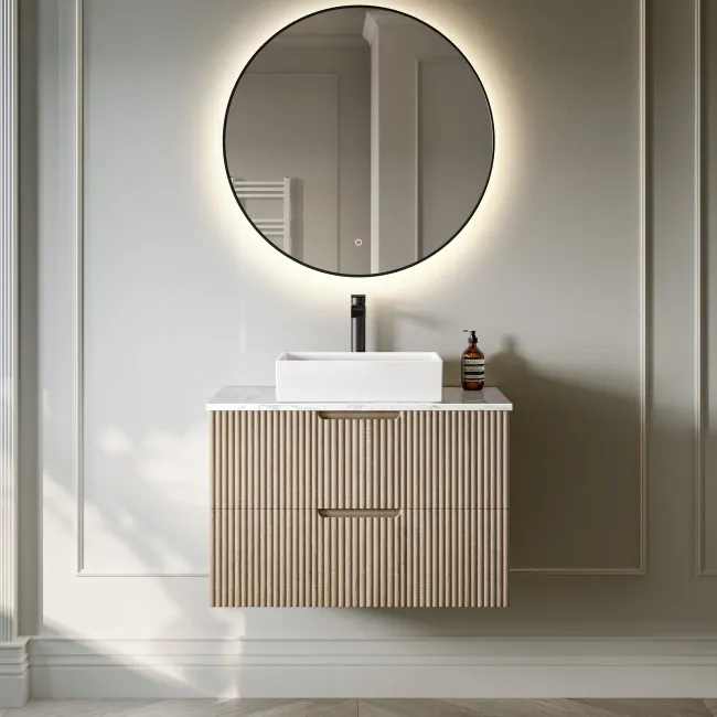Crete Fluted Apex Oak Wall Hung Drawer Vanity with Marble Top & Cody Basin 800mm
