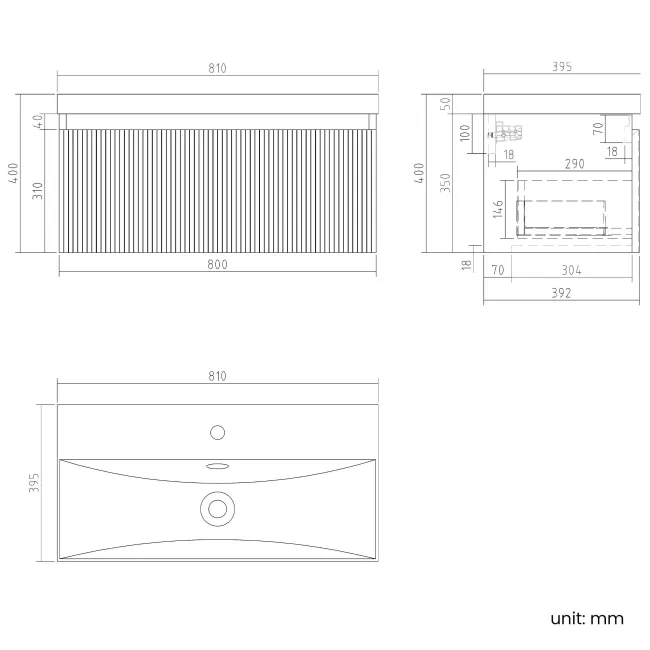 Malta Fluted Matt Black Wall Hung Drawer Vanity with Matt Black Basin 800mm