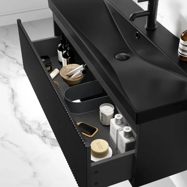Malta Fluted Matt Black Wall Hung Drawer Vanity with Matt Black Basin 1000mm