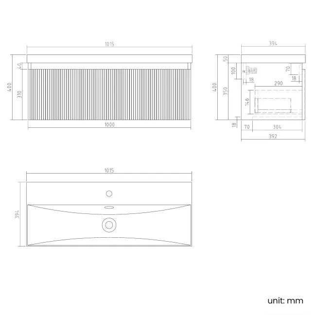 Malta Fluted Matt Black Wall Hung Drawer Vanity with Matt Black Basin 1000mm