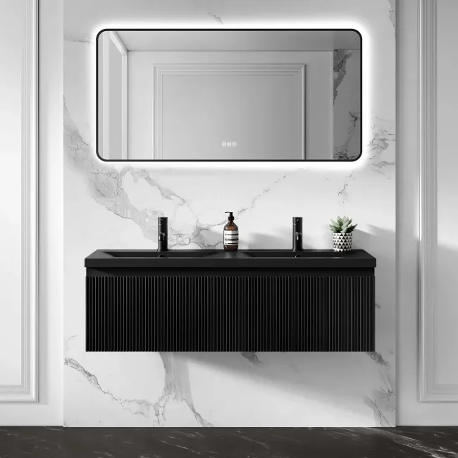 Malta Fluted Matt Black Wall Hung Drawer Vanity with Matt Black Double Basin 1200mm