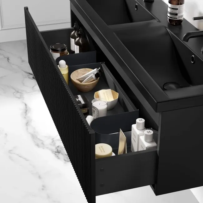 Malta Fluted Matt Black Wall Hung Drawer Vanity with Matt Black Double Basin 1200mm