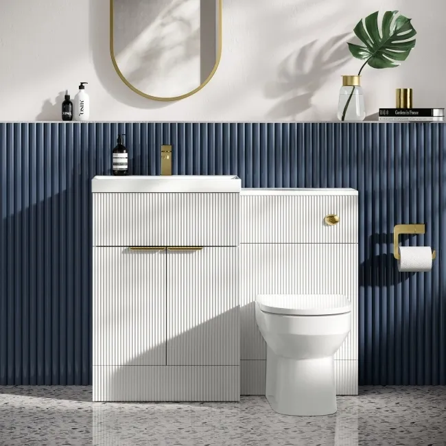 Havana Fluted Coastal White Combination Vanity Basin and Miami Toilet 1100mm - Brushed Brass Accents