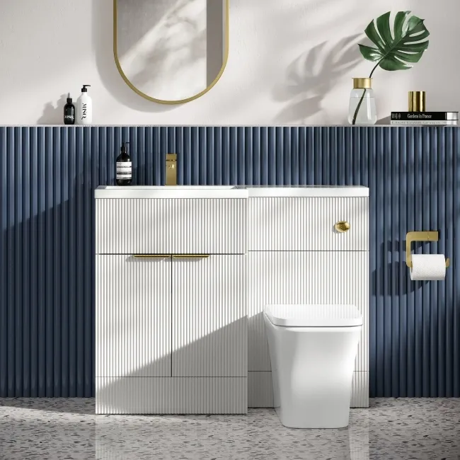 Havana Fluted Coastal White Combination Vanity Basin and Houston Toilet 1100mm - Brushed Brass Accents - Left Handed