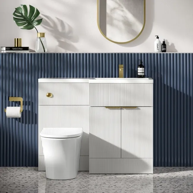 Havana Fluted Coastal White Combination Vanity Basin and Tucson Toilet 1100mm - Brushed Brass Accents - Right Handed