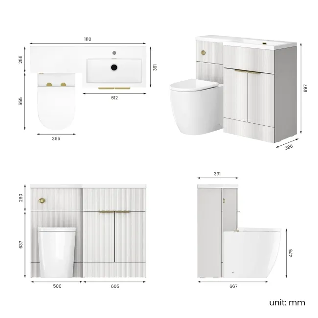 Havana Fluted Coastal White Combination Vanity Basin and Utah Comfort Height Toilet 1100mm - Brushed Brass Accents - Right Handed