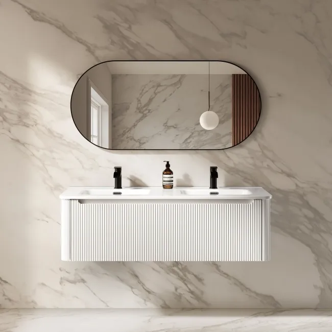 Sorrento Fluted Coastal White Wall Hung Double Basin Drawer Vanity 1200mm