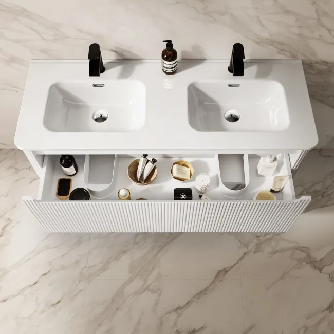 Sorrento Fluted Coastal White Wall Hung Double Basin Drawer Vanity 1200mm