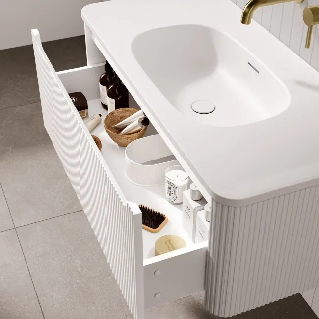 Sorrento Fluted Coastal White Wall Hung Drawer Vanity with Matt White Basin 1000mm