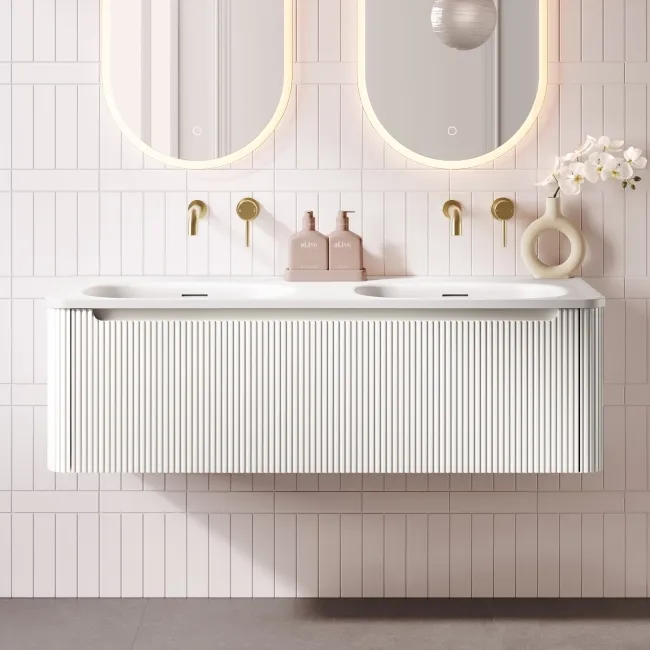 Sorrento Fluted Coastal White Wall Hung Drawer Vanity with Matt White Double Basin 1200mm