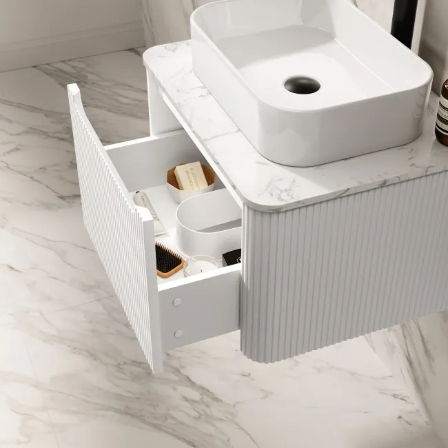 Sorrento Fluted Coastal White Wall Hung Drawer Vanity with Marble Top & Marin Basin 600mm
