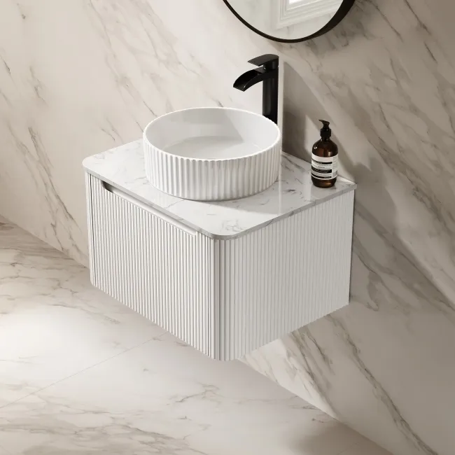 Sorrento Fluted Coastal White Wall Hung Drawer Vanity with Marble Top & Nevis Basin 600mm