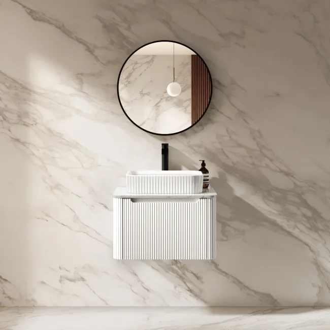 Sorrento Fluted Coastal White Wall Hung Drawer Vanity with Marble Top & Reno Basin 600mm