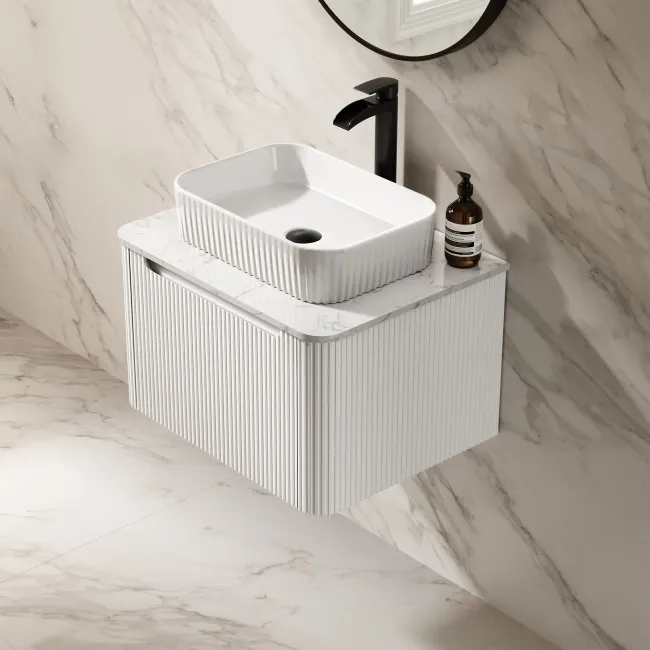 Sorrento Fluted Coastal White Wall Hung Drawer Vanity with Marble Top & Reno Basin 600mm
