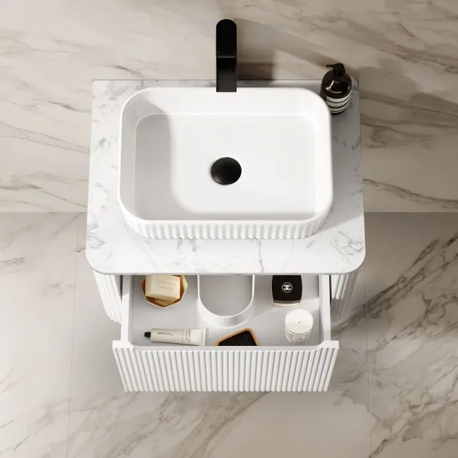Sorrento Fluted Coastal White Wall Hung Drawer Vanity with Marble Top & Reno Basin 600mm