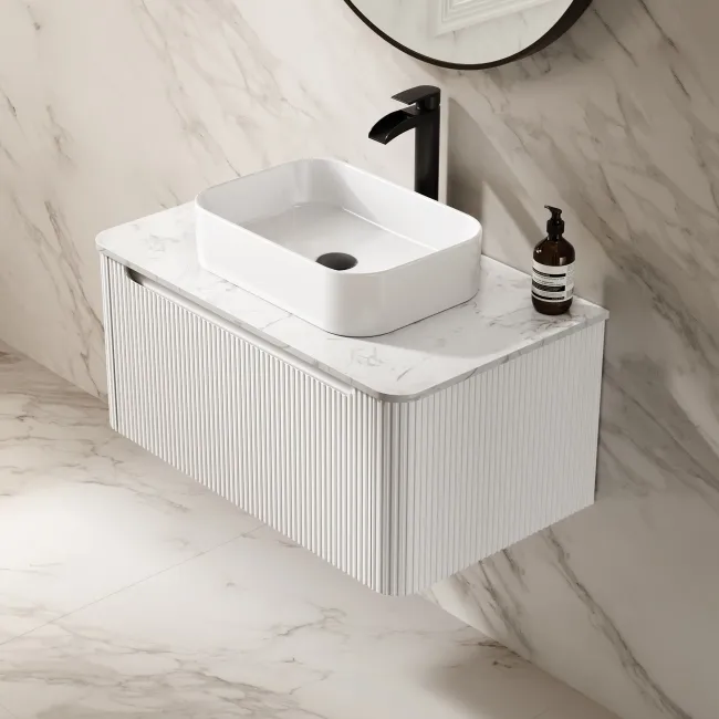 Sorrento Fluted Coastal White Wall Hung Drawer Vanity with Marble Top & Marin Basin 800mm