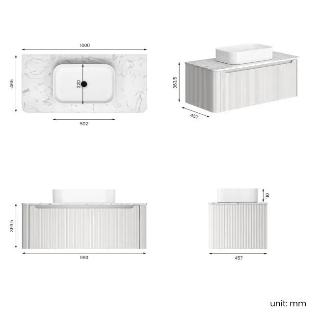 Sorrento Fluted Coastal White Wall Hung Drawer Vanity with Marble Top & Marin Basin 1000mm