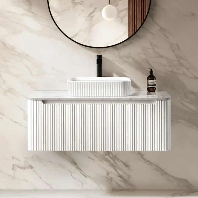 Sorrento Fluted Coastal White Wall Hung Drawer Vanity with Marble Top & Reno Basin 1000mm