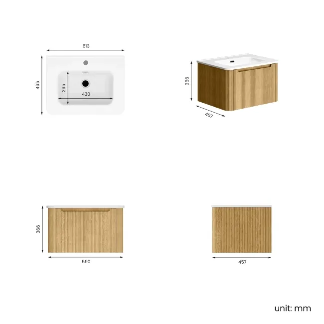 Sorrento Fluted Country Oak Wall Hung Basin Drawer Vanity 600mm