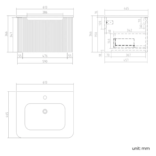Sorrento Fluted Country Oak Wall Hung Basin Drawer Vanity 600mm