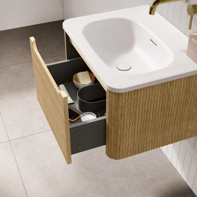 Sorrento Fluted Country Oak Wall Hung Drawer Vanity with Matt White Basin 600mm