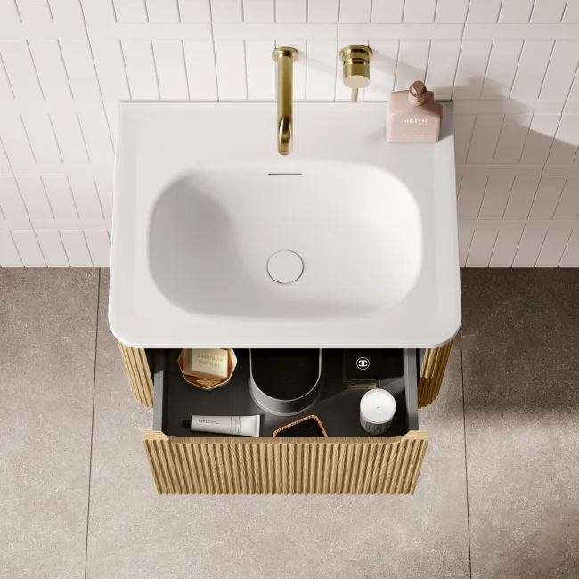 Sorrento Fluted Country Oak Wall Hung Drawer Vanity with Matt White Basin 600mm