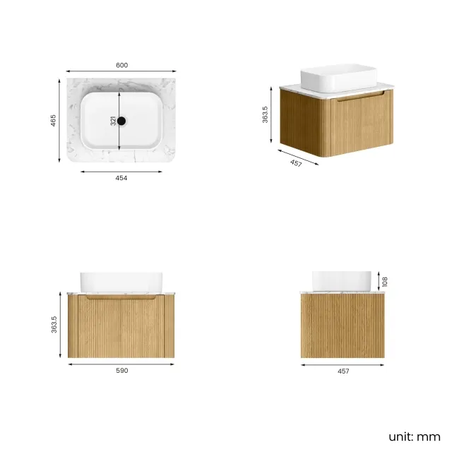 Sorrento Fluted Country Oak Wall Hung Drawer Vanity with Marble Top & Marin Basin 600mm