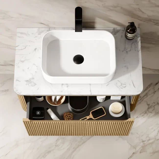Sorrento Fluted Country Oak Wall Hung Drawer Vanity with Marble Top & Marin Basin 800mm