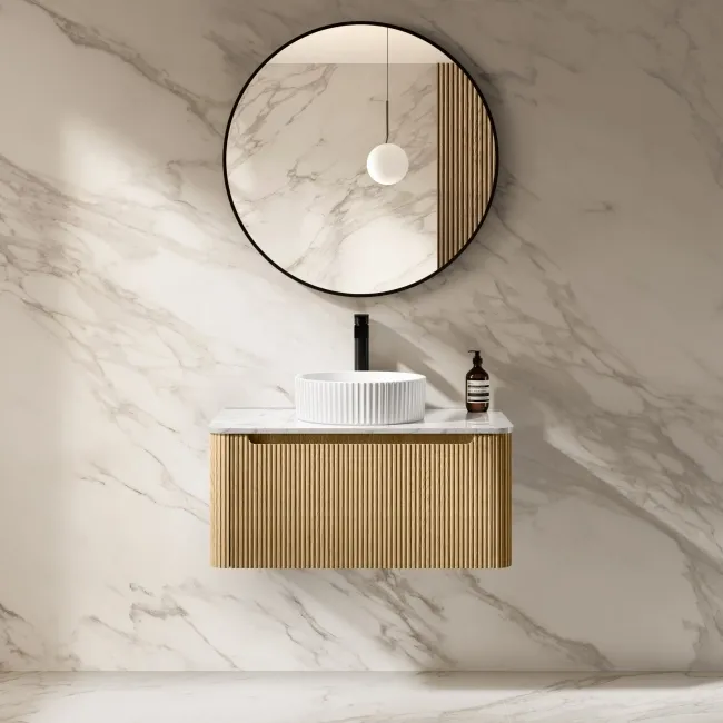 Sorrento Fluted Country Oak Wall Hung Drawer Vanity with Marble Top & Nevis Basin 800mm