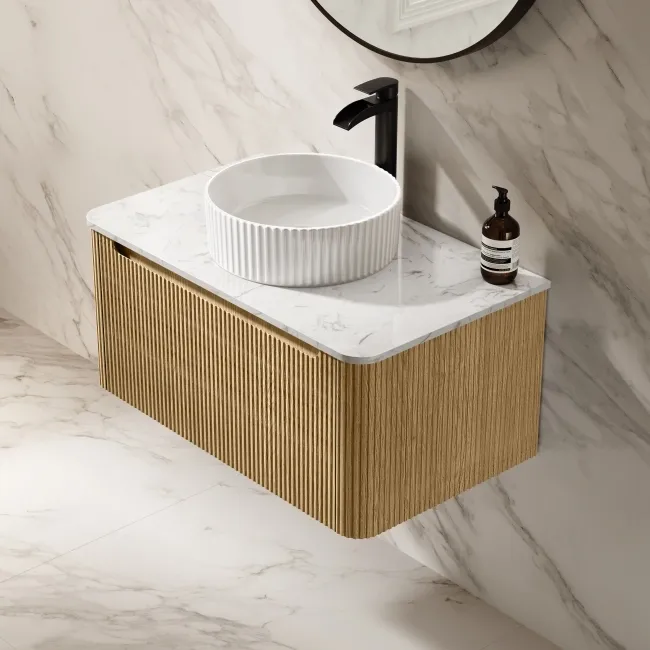 Sorrento Fluted Country Oak Wall Hung Drawer Vanity with Marble Top & Nevis Basin 800mm