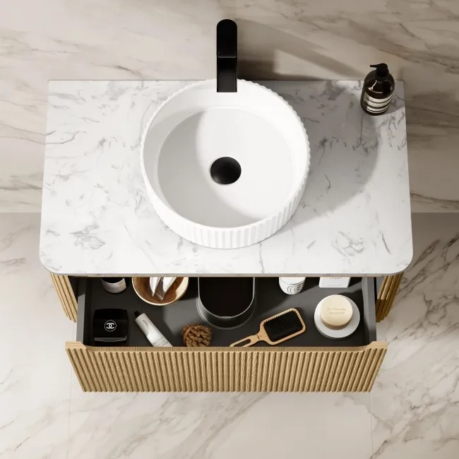 Sorrento Fluted Country Oak Wall Hung Drawer Vanity with Marble Top & Nevis Basin 800mm