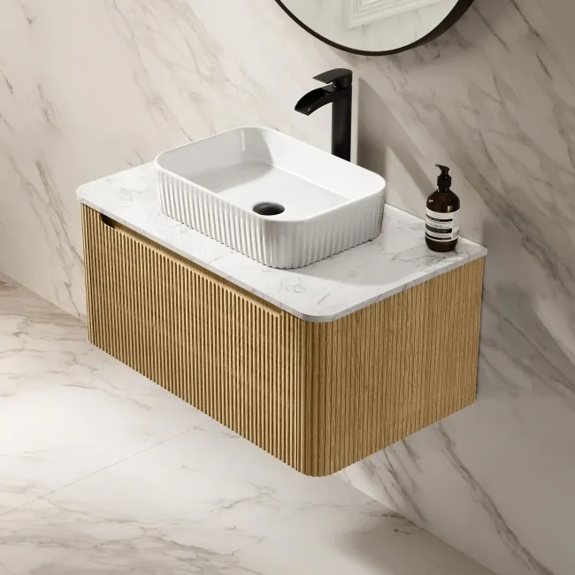 Sorrento Fluted Country Oak Wall Hung Drawer Vanity with Marble Top & Reno Basin 800mm