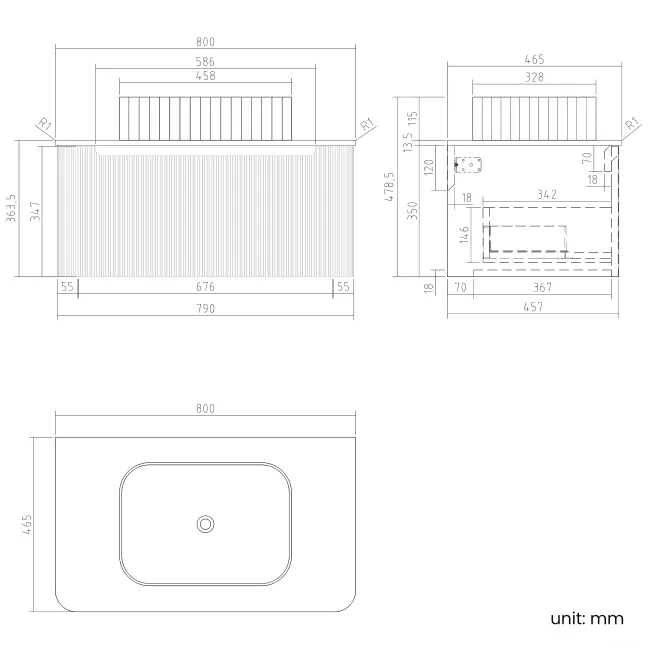 Sorrento Fluted Country Oak Wall Hung Drawer Vanity with Marble Top & Reno Basin 800mm