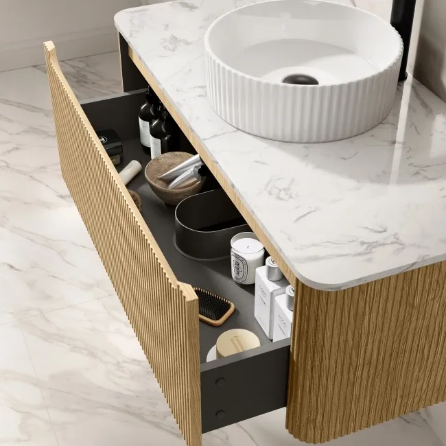 Sorrento Fluted Country Oak Wall Hung Drawer Vanity with Marble Top & Nevis Basin 1000mm