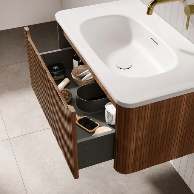 Sorrento Fluted Black Walnut Wall Hung Drawer Vanity with Matt White Basin 800mm
