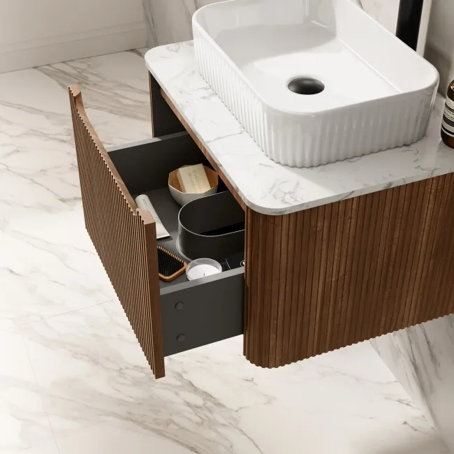 Sorrento Fluted Black Walnut Wall Hung Drawer Vanity with Marble Top & Reno Basin 600mm