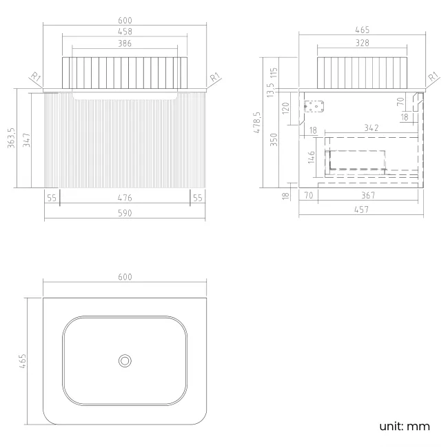 Sorrento Fluted Black Walnut Wall Hung Drawer Vanity with Marble Top & Reno Basin 600mm