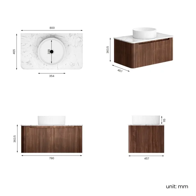Sorrento Fluted Black Walnut Wall Hung Drawer Vanity with Marble Top & Nevis Basin 800mm