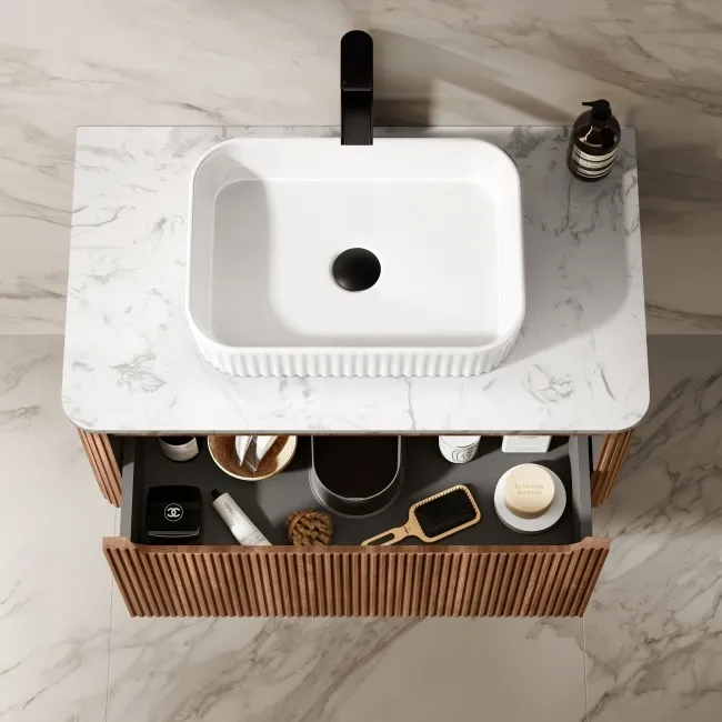 Sorrento Fluted Black Walnut Wall Hung Drawer Vanity with Marble Top & Reno Basin 800mm