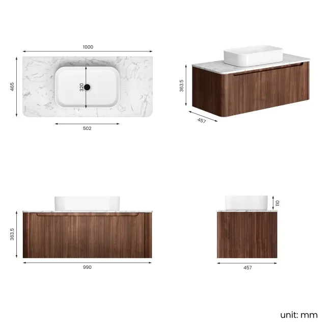 Sorrento Fluted Black Walnut Wall Hung Drawer Vanity with Marble Top & Marin Basin 1000mm