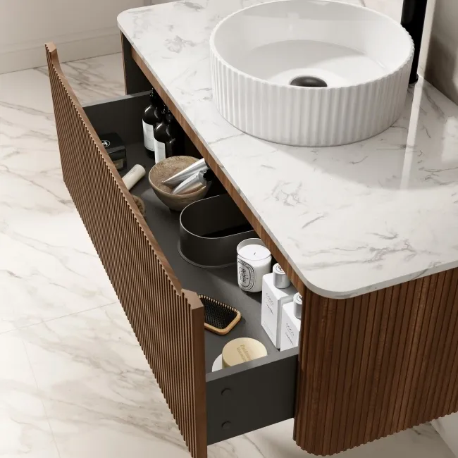 Sorrento Fluted Black Walnut Wall Hung Drawer Vanity with Marble Top & Nevis Basin 1000mm