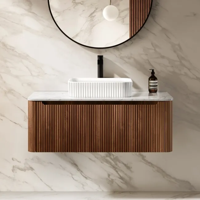 Sorrento Fluted Black Walnut Wall Hung Drawer Vanity with Marble Top & Reno Basin 1000mm