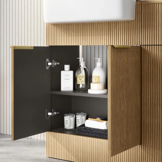 Sicily Fluted Country Oak Vanity with Semi Recessed Basin 600mm - Brushed Brass Accents