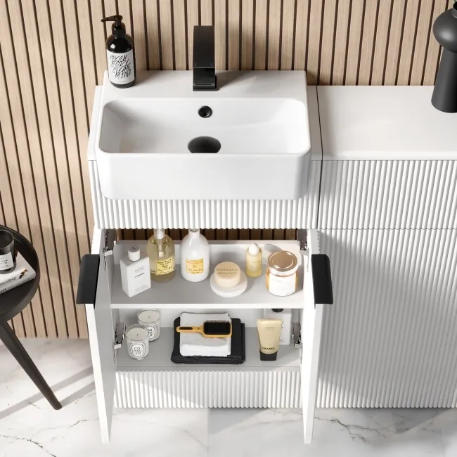 Sicily Fluted Coastal White Vanity with Semi Recessed Basin 500mm - Black Accents