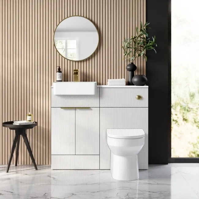 Sicily Fluted Coastal White Combination Vanity Basin and Miami Toilet 1000mm - Brushed Brass Accents